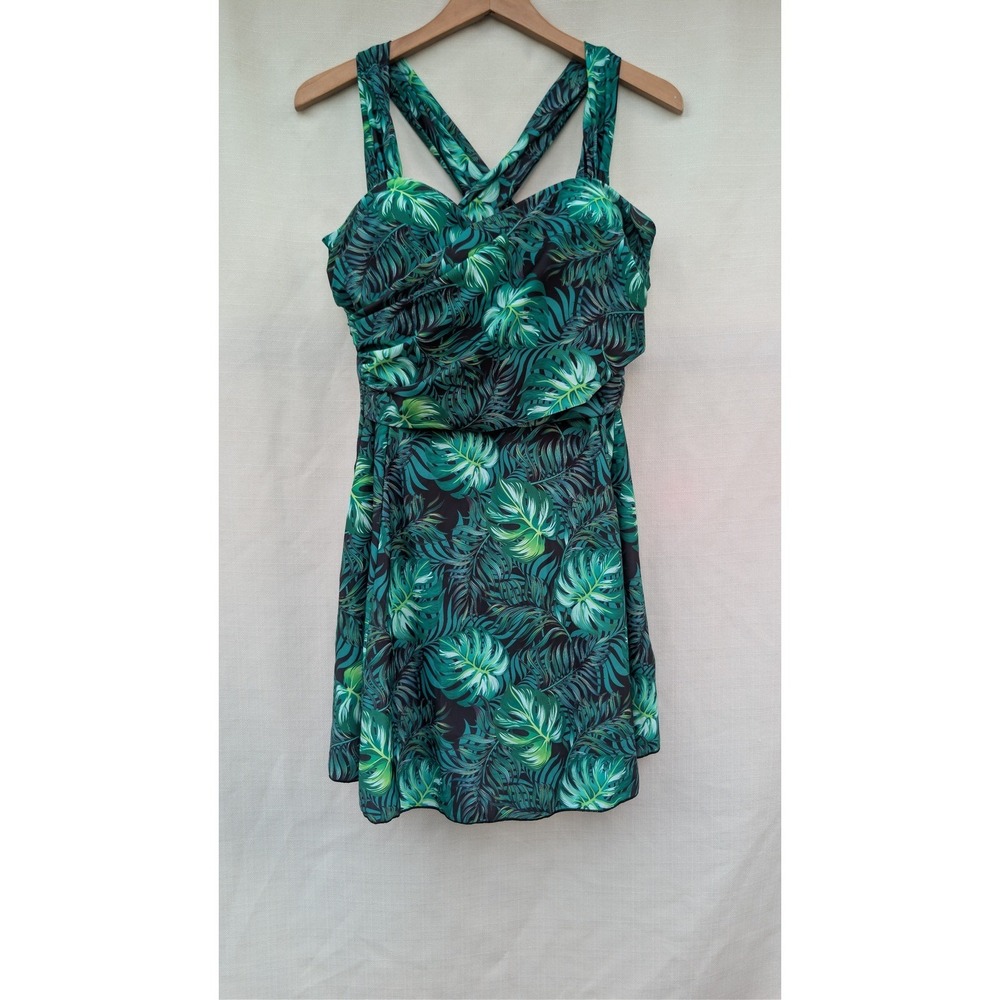 Cocopear Swimdress Womens 2XL Green Palm Leaf Ruched One Piece Swimsuit NWT